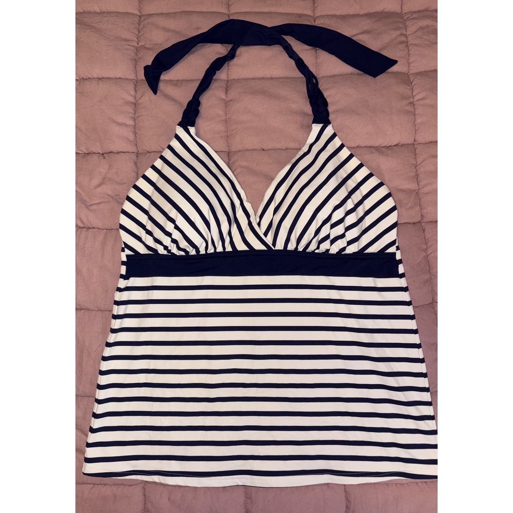 Lands End Womens Blue White Striped Halter Tankini‎ Top Ruched, Size 12